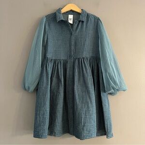 Open Edit Girls Long Mesh Sleeve Dress Front Buttons Grey Trooper Tiny Grid Sz 7